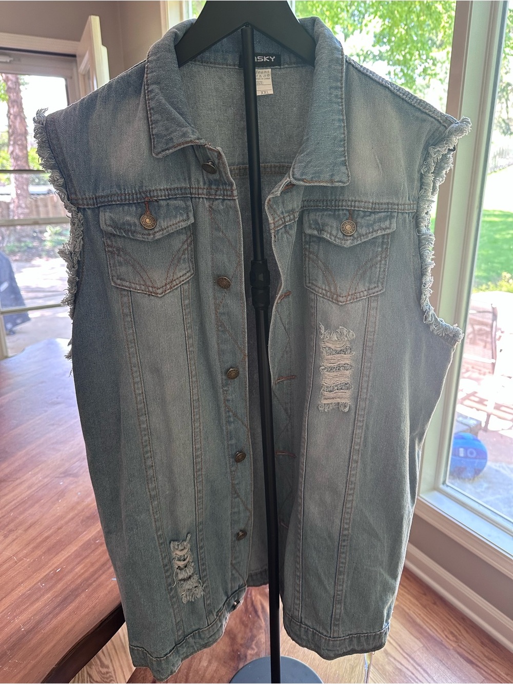 Distressed Sleeveless Denim Jacket Vest Oversized Light Wash XXL